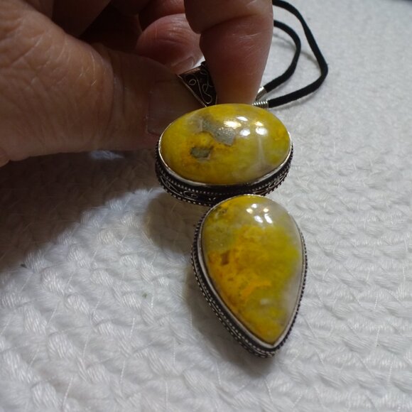 Natural BUMBLE BEE JASPER Handmade Sterling 925 Pendant/Cord #815C - Picture 3 of 3